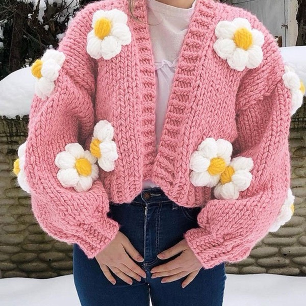 Myracle Handmade Charming Pink 3D Daisy Knit Cardigan